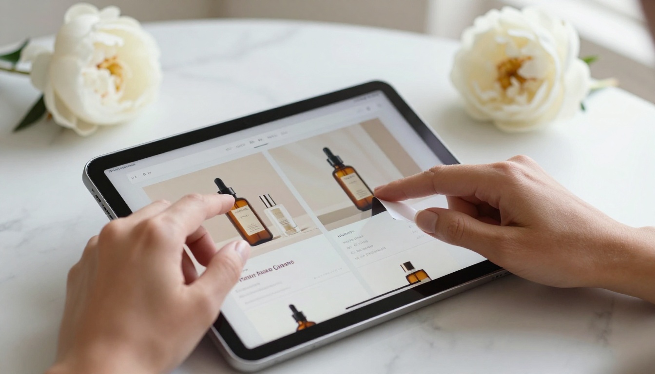 Close-up of hands swiping through a digital product catalog on an iPad Pro with a page-turn effect