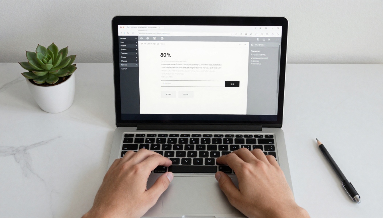 Overhead shot of a MacBook on a marble desk with a flipbook editor interface and PDF upload in progress
