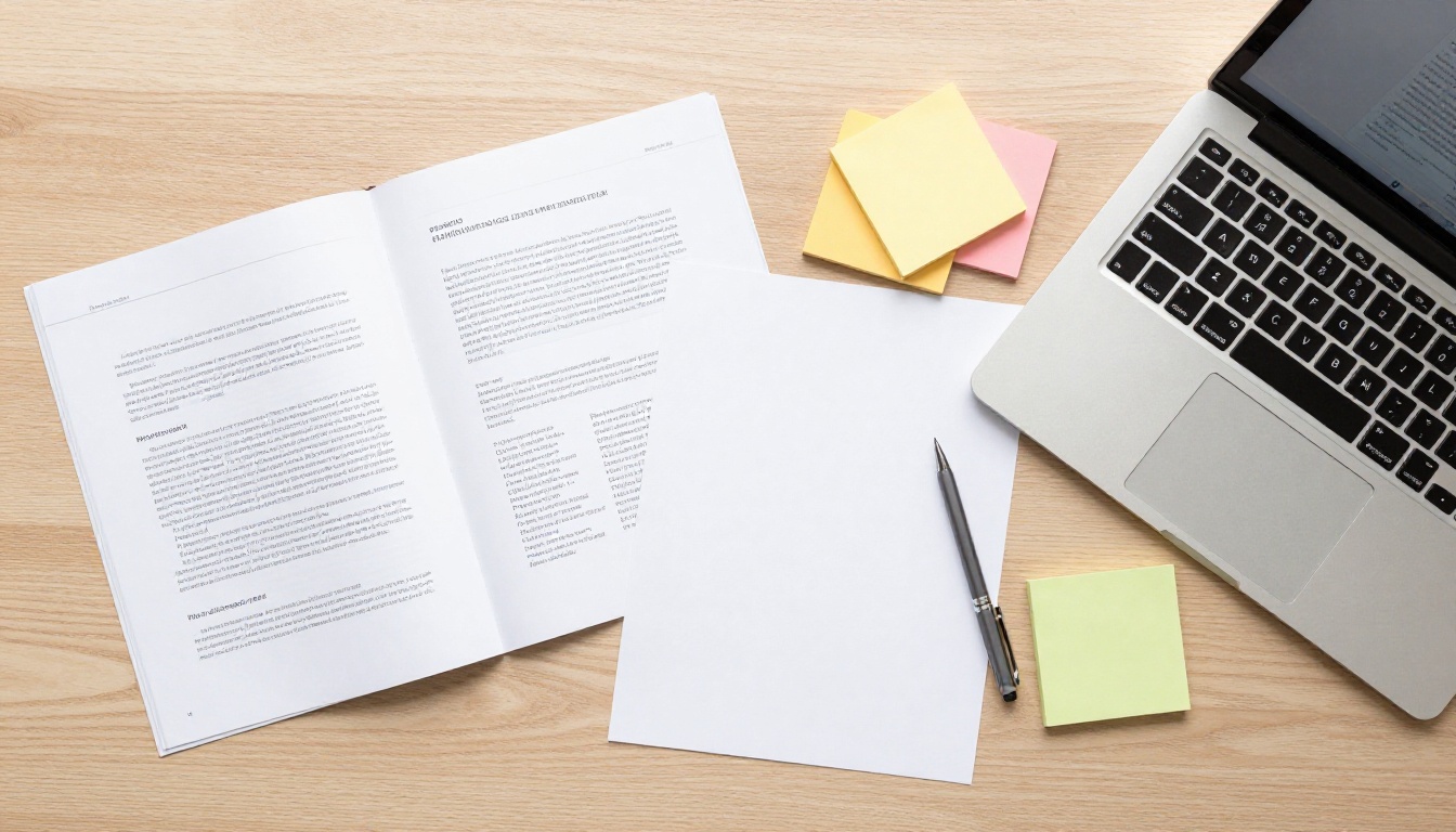 Aerial flat-lay of a desk with PDF pages and a laptop