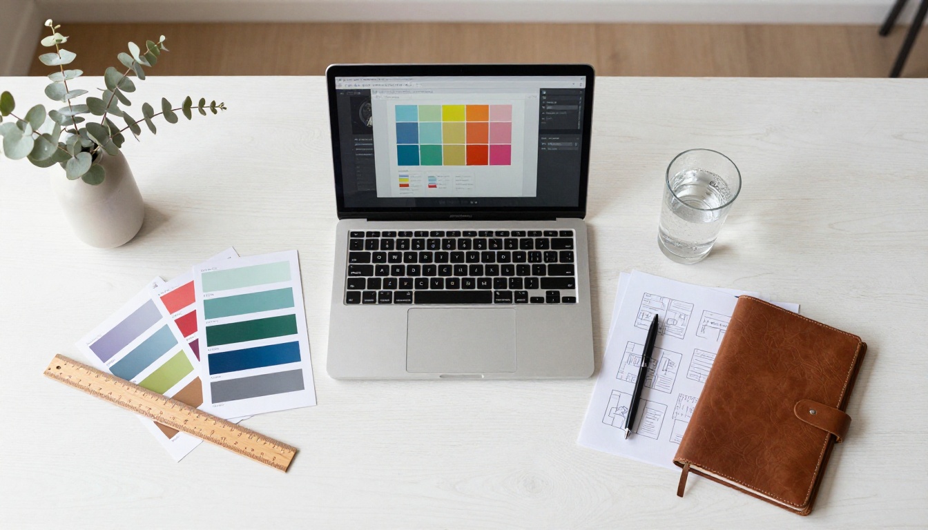 Aerial flat-lay of creative designer's workspace with laptop, color swatches, ruler, and notebook