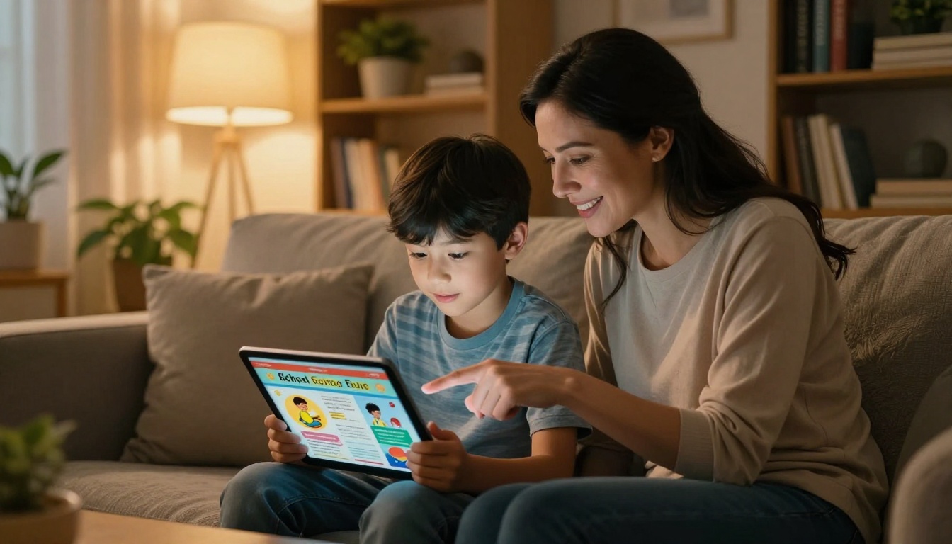 A mother and son reading a school newsletter flipbook together on a tablet at home A mother and son reading a school newsletter flipbook together on a tablet at home