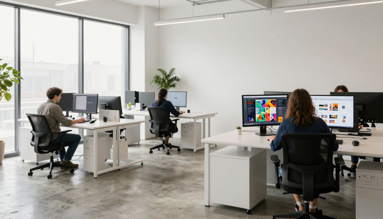 Wide view of minimalist marketing agency office with two designers at desks with monitors showing design and flipbook content