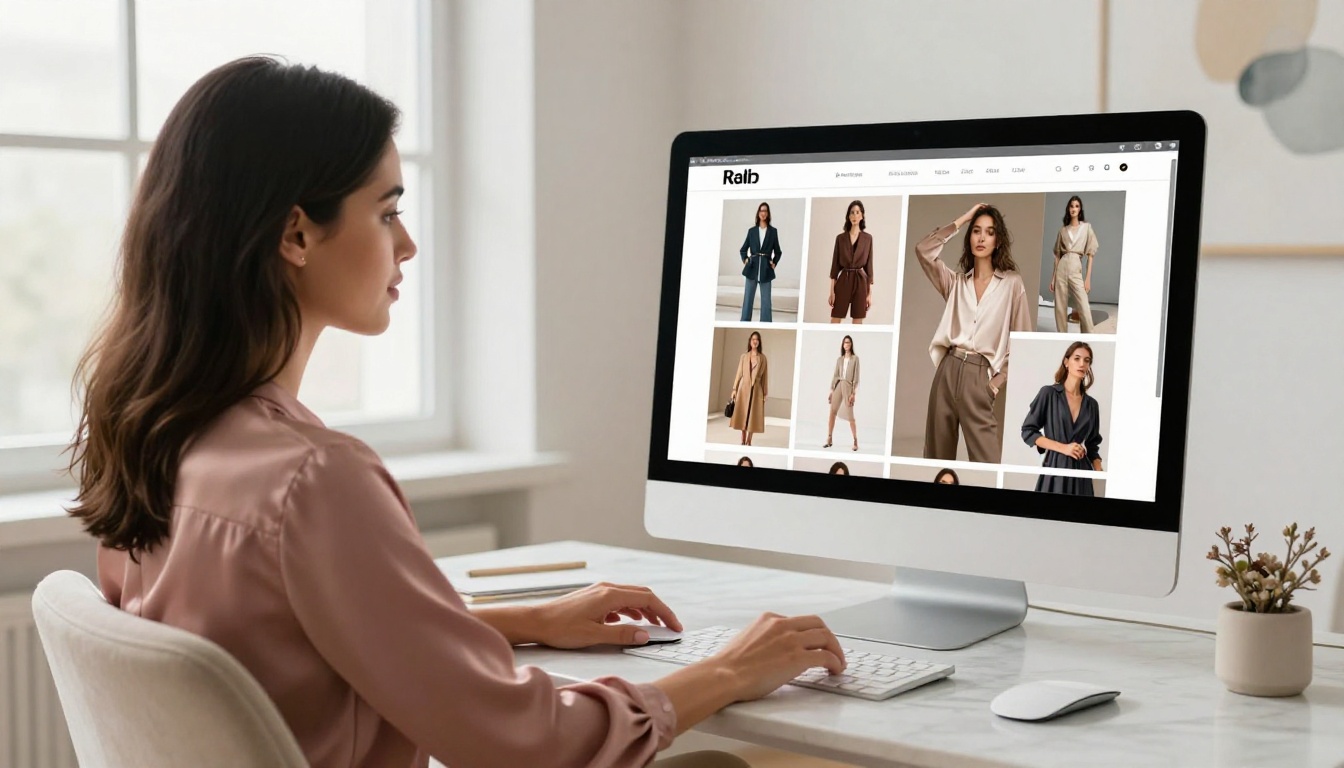 Woman browsing a fashion catalog flipbook on a desktop monitor