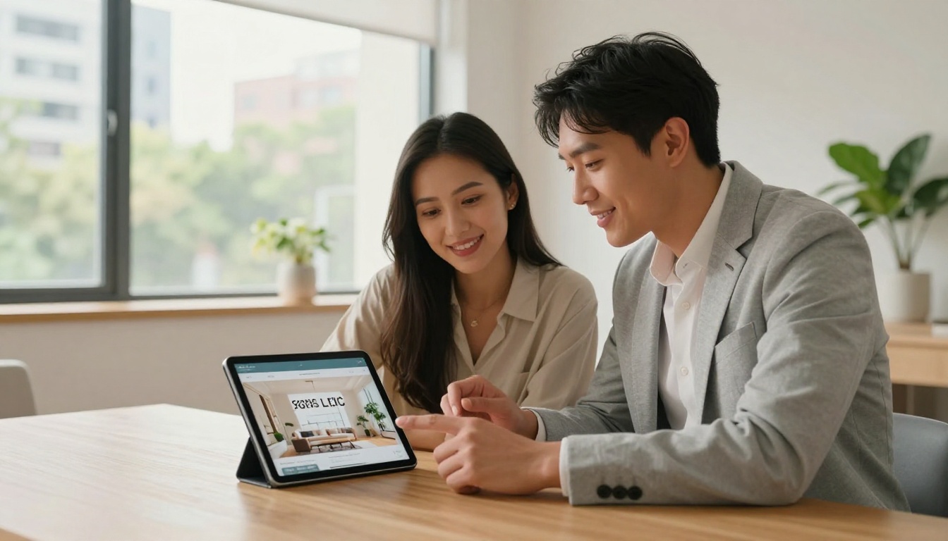 Real estate agent showing a property brochure flipbook on a tablet to a young couple in a modern apartment
