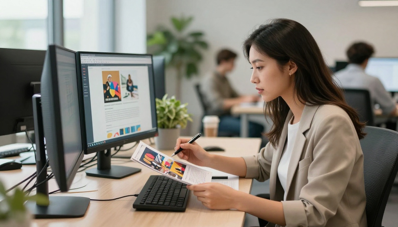 A marketing professional at a co-working space with dual monitors showing pages of a digital magazine flipbook