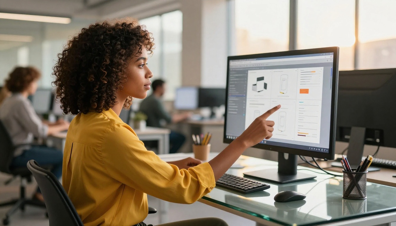 Marketing professional pointing at digital product catalog on large office monitor