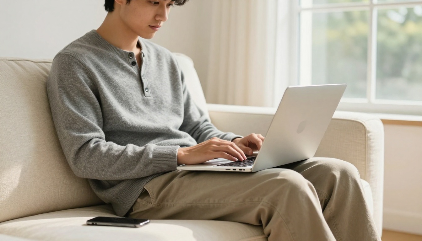 Young man uploading a document on a laptop while seated on a couch