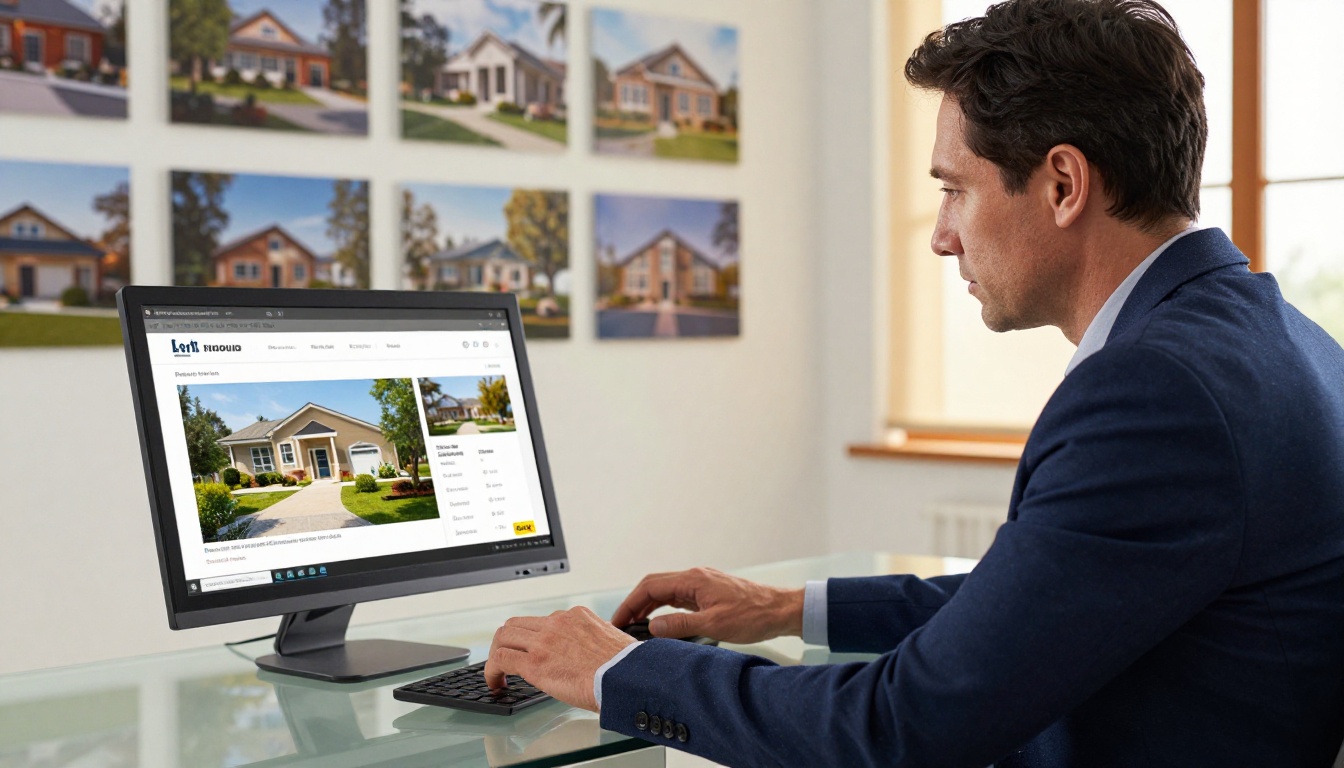 Real estate agent at glass desk reviewing a digital property brochure flipbook on a large monitor