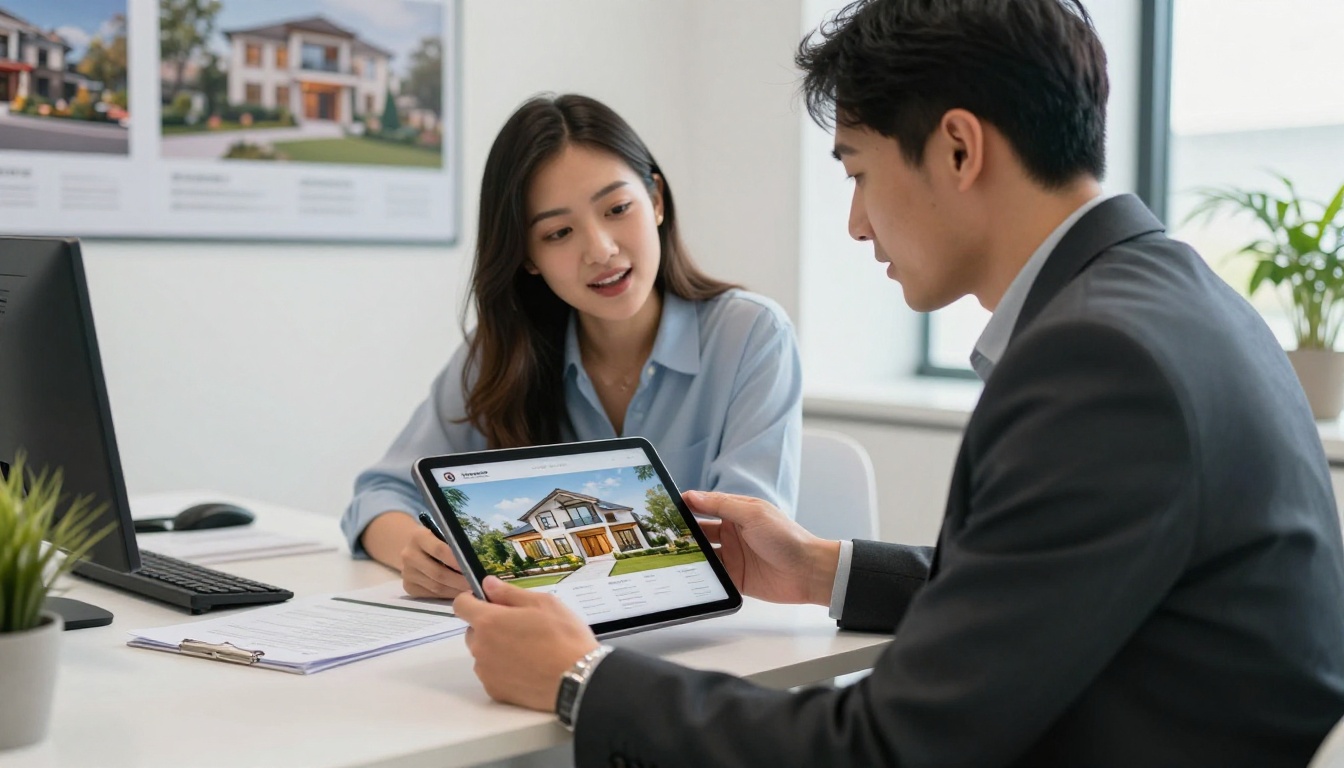 Real estate agent showing a property flipbook to a couple on a tablet