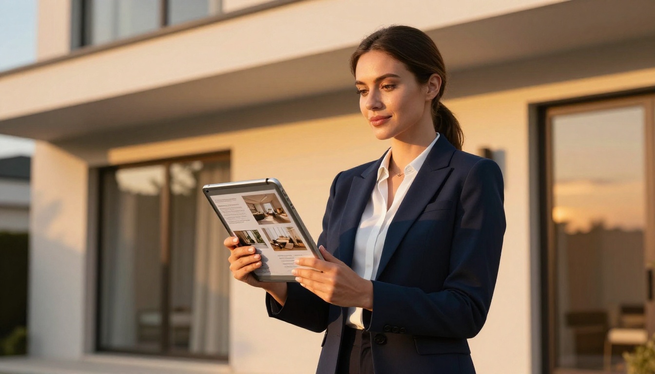 Real estate agent holding an iPad displaying a luxury property brochure as a digital flipbook Real estate agent holding an iPad displaying a luxury property brochure as a digital flipbook