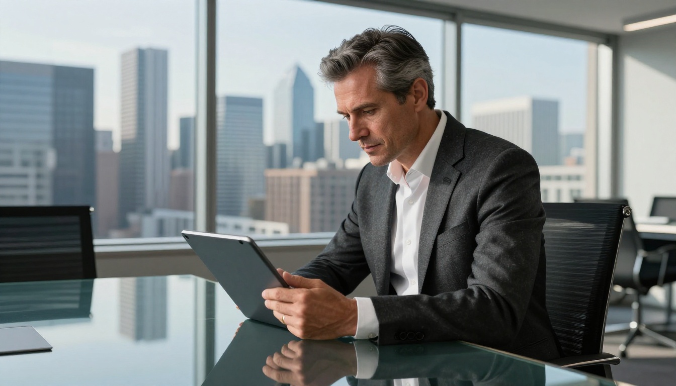 Businessman reviewing a digital annual report on a tablet in a modern corporate office Businessman reviewing a digital annual report on a tablet in a modern corporate office