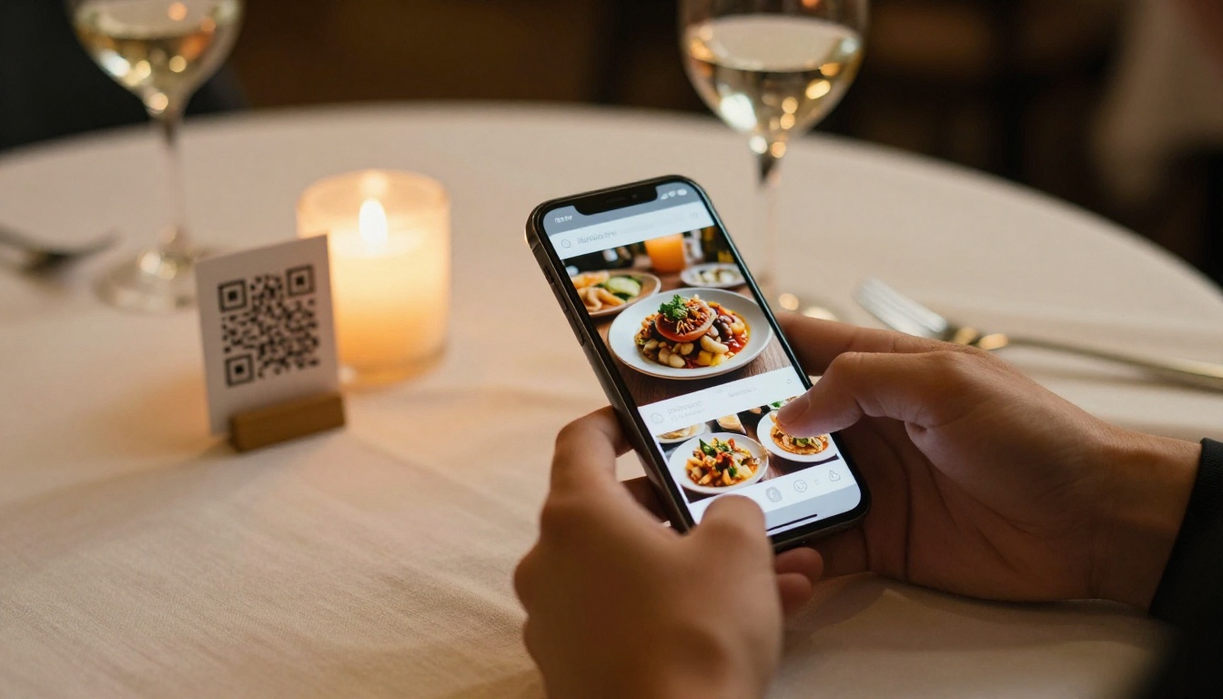 Restaurant table with a QR code card and a customer viewing a digital menu flipbook on a smartphone