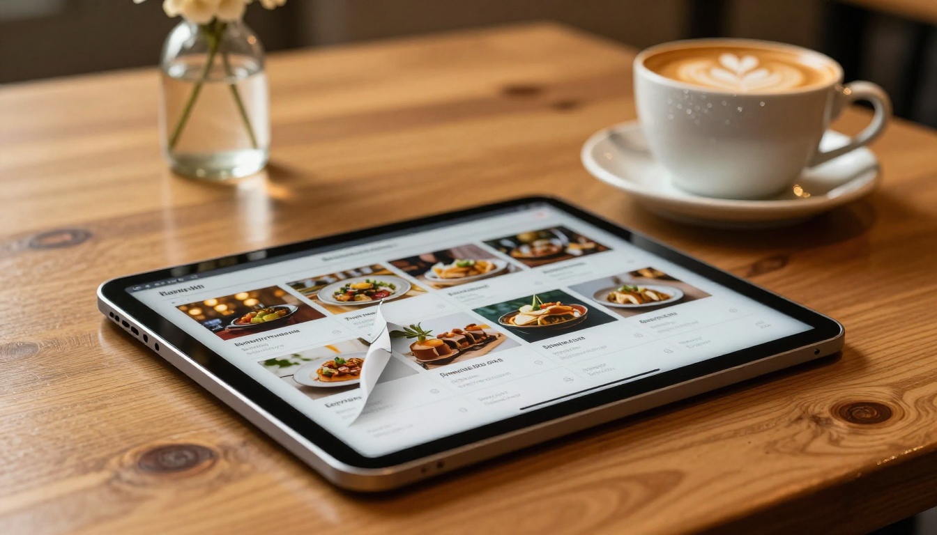 Restaurant menu displayed as interactive flipbook on tablet at warm café table