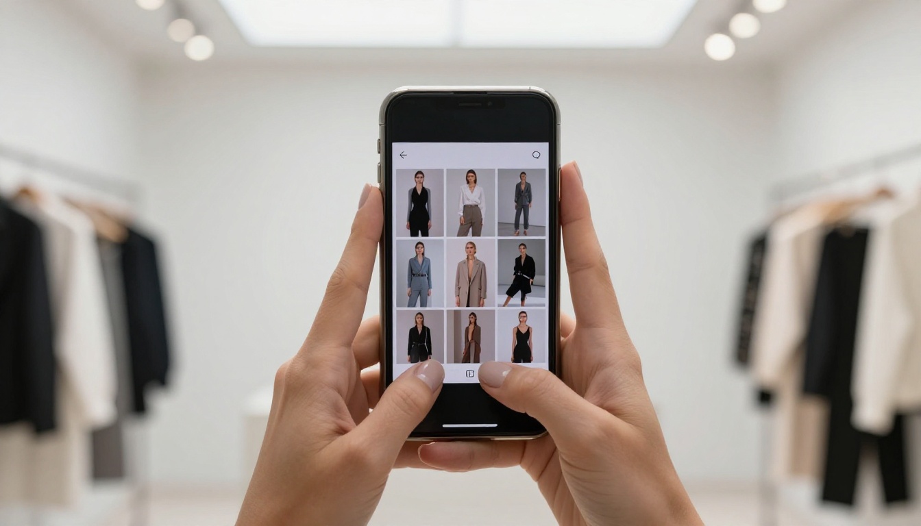 A woman browsing a digital fashion lookbook on her smartphone in a minimalist boutique