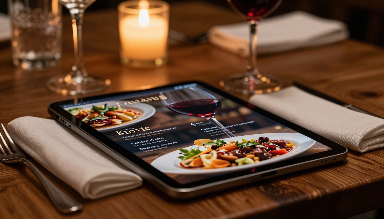 Restaurant table setting with a tablet displaying a digital menu beside a wine glass Restaurant table setting with a tablet displaying a digital menu beside a wine glass