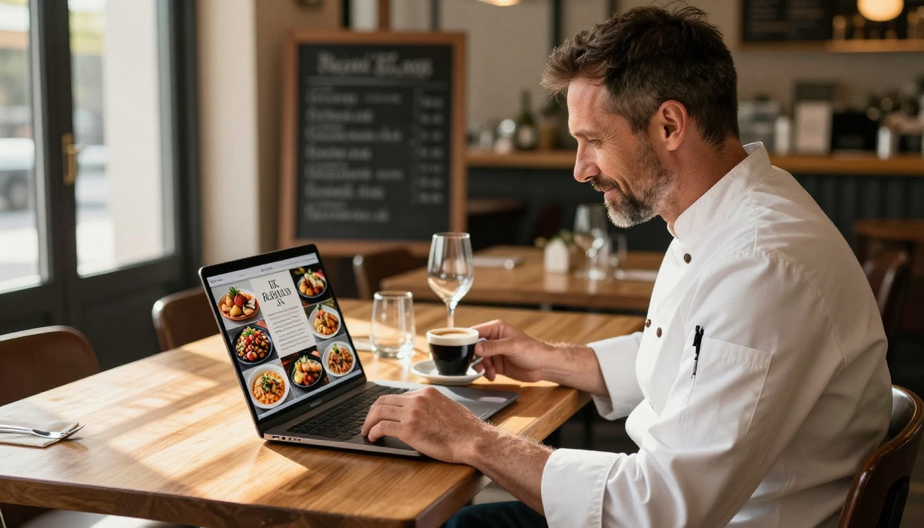 Restaurant owner reviewing a digital menu flipbook on a laptop at his restaurant