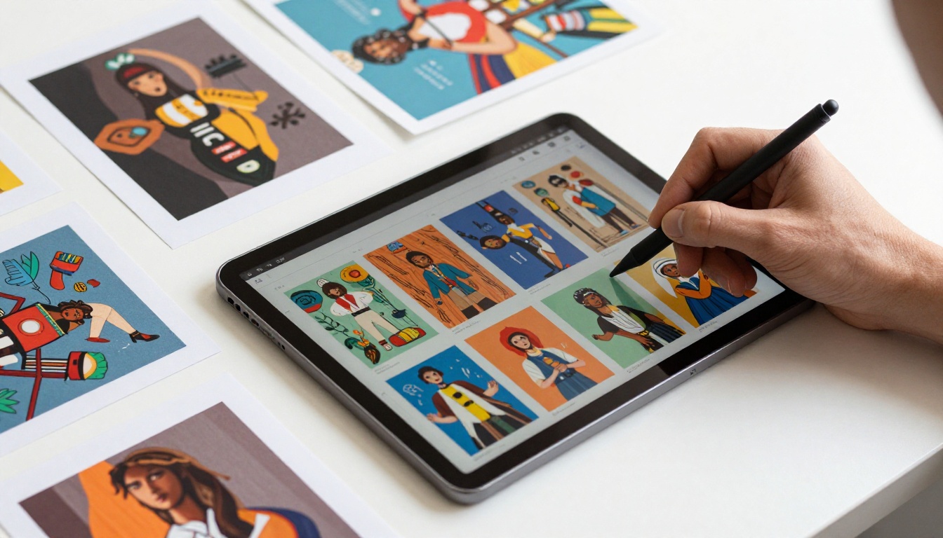 Top-down flat lay of colorful design mockups on white desk with tablet showing flipbook preview and hand holding stylus