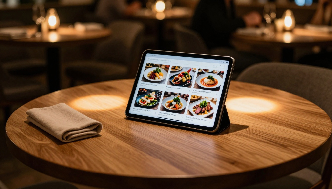 A restaurant table with a tablet displaying a rich digital menu flipbook with food photography A restaurant table with a tablet displaying a rich digital menu flipbook with food photography