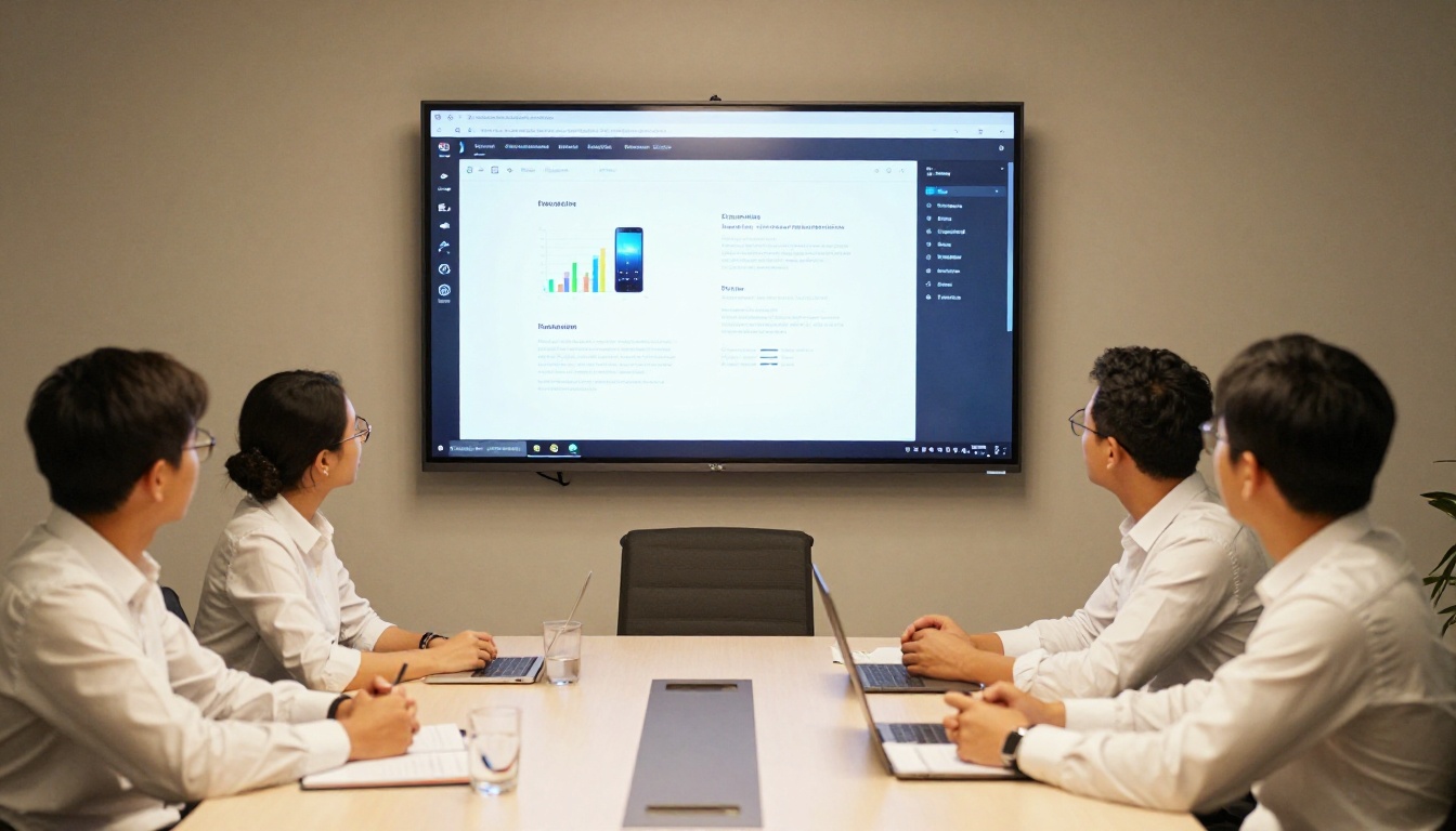 Marketing professional presenting a digital catalog to a team on a widescreen monitor