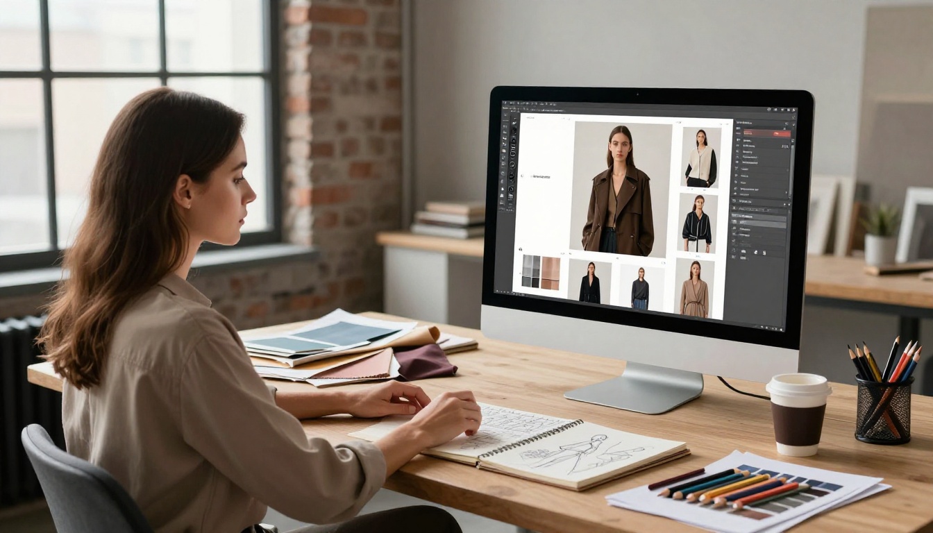 Fashion designer reviewing a digital lookbook on a large iMac screen in a natural-light studio
