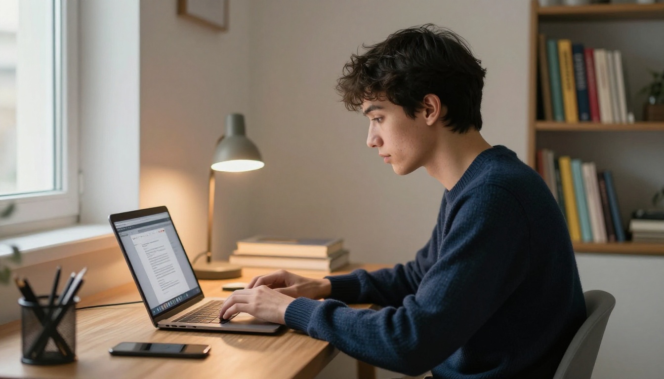 Young professional uploading PDF on laptop in quiet minimalist home office