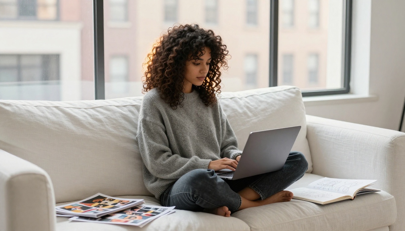 Creative woman with curly hair designing magazine pages on a laptop on a white sofa Creative woman with curly hair designing magazine pages on a laptop on a white sofa