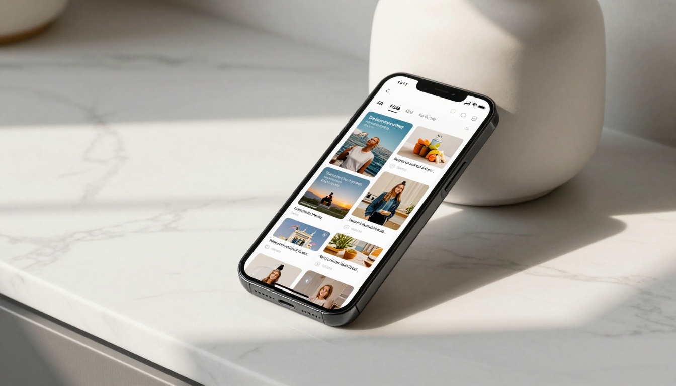 Smartphone displaying a mobile-responsive flipbook on a marble counter in morning light