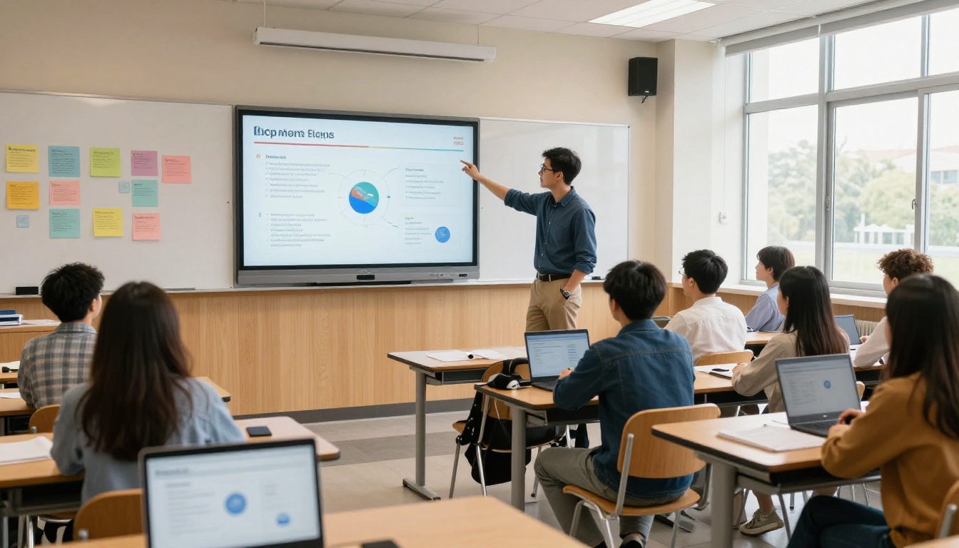 Educator presenting interactive digital course materials on a smartboard to attentive students in a bright classroom