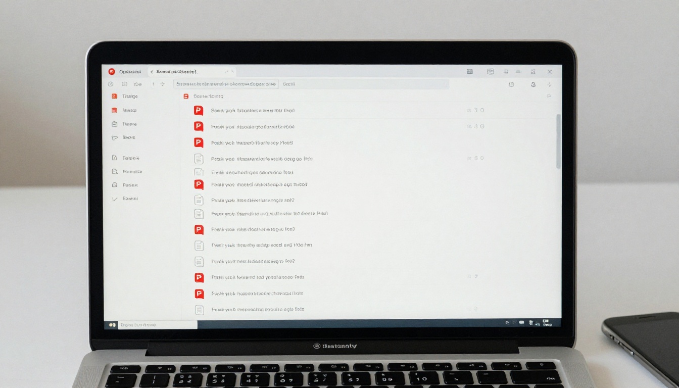 Email inbox cluttered with stacked PDF attachments looking overwhelming and disorganized Email inbox cluttered with stacked PDF attachments looking overwhelming and disorganized