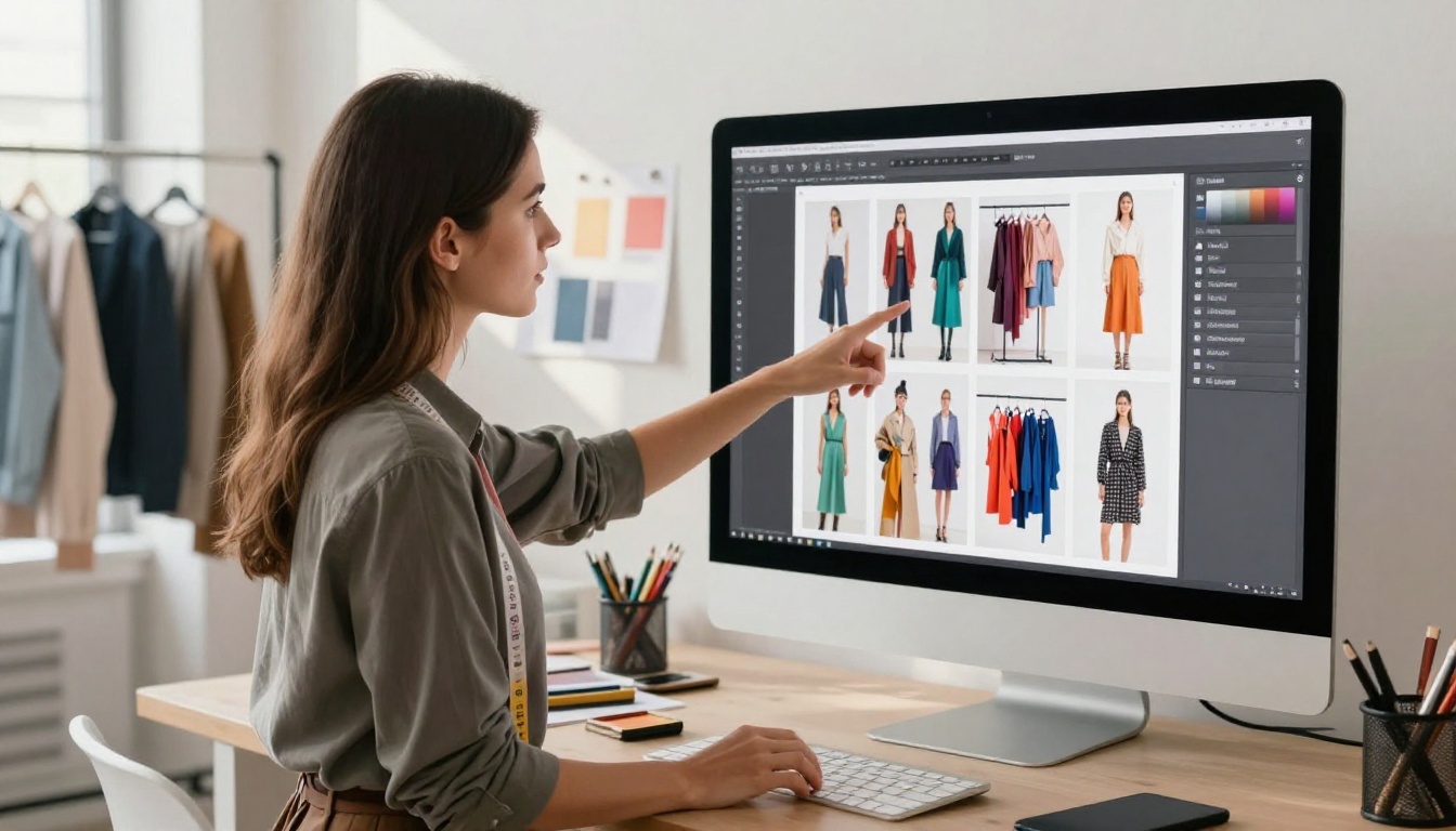Fashion designer standing in her studio pointing at an iMac screen displaying a vibrant digital lookbook flipbook