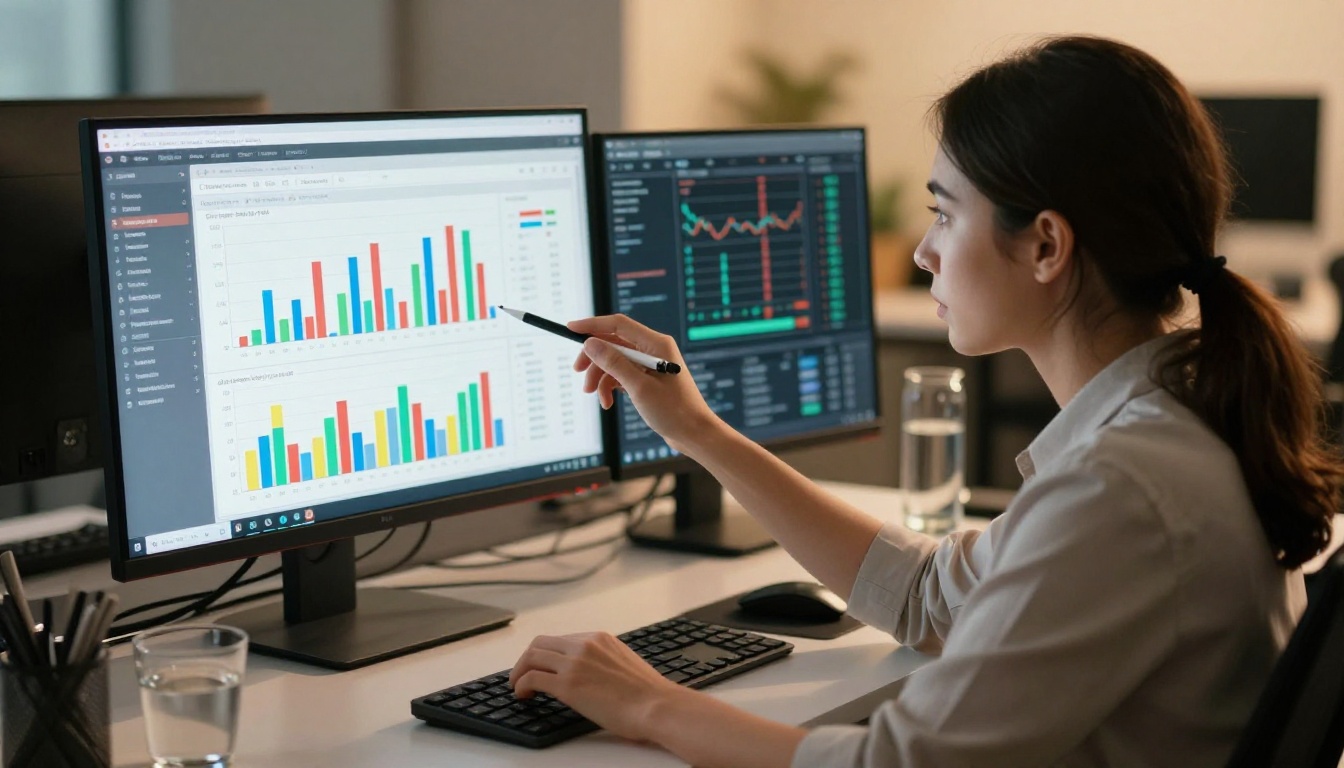 Marketing manager reviewing document analytics on a high-resolution laptop screen