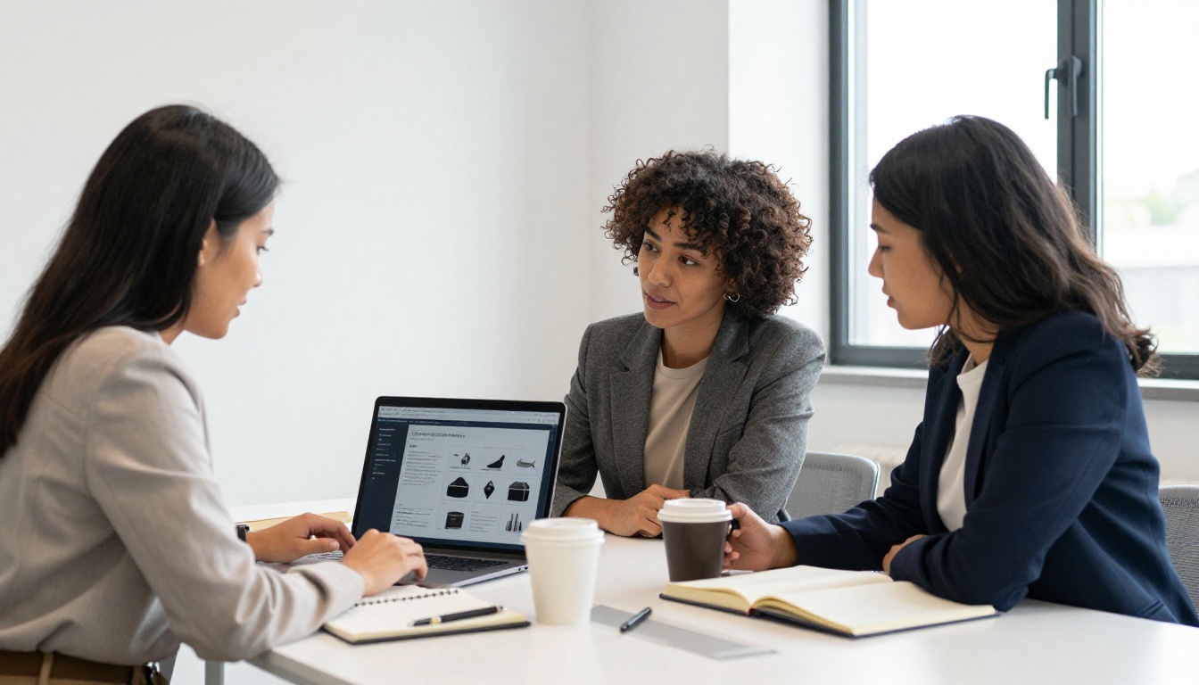 Team of three professionals in conference room reviewing interactive presentation on laptop