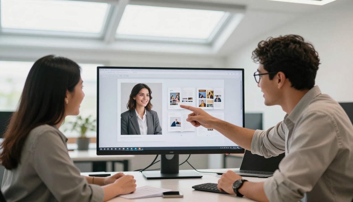 Diverse team of three colleagues enthusiastically reviewing a digital magazine on an office monitor Diverse team of three colleagues enthusiastically reviewing a digital magazine on an office monitor
