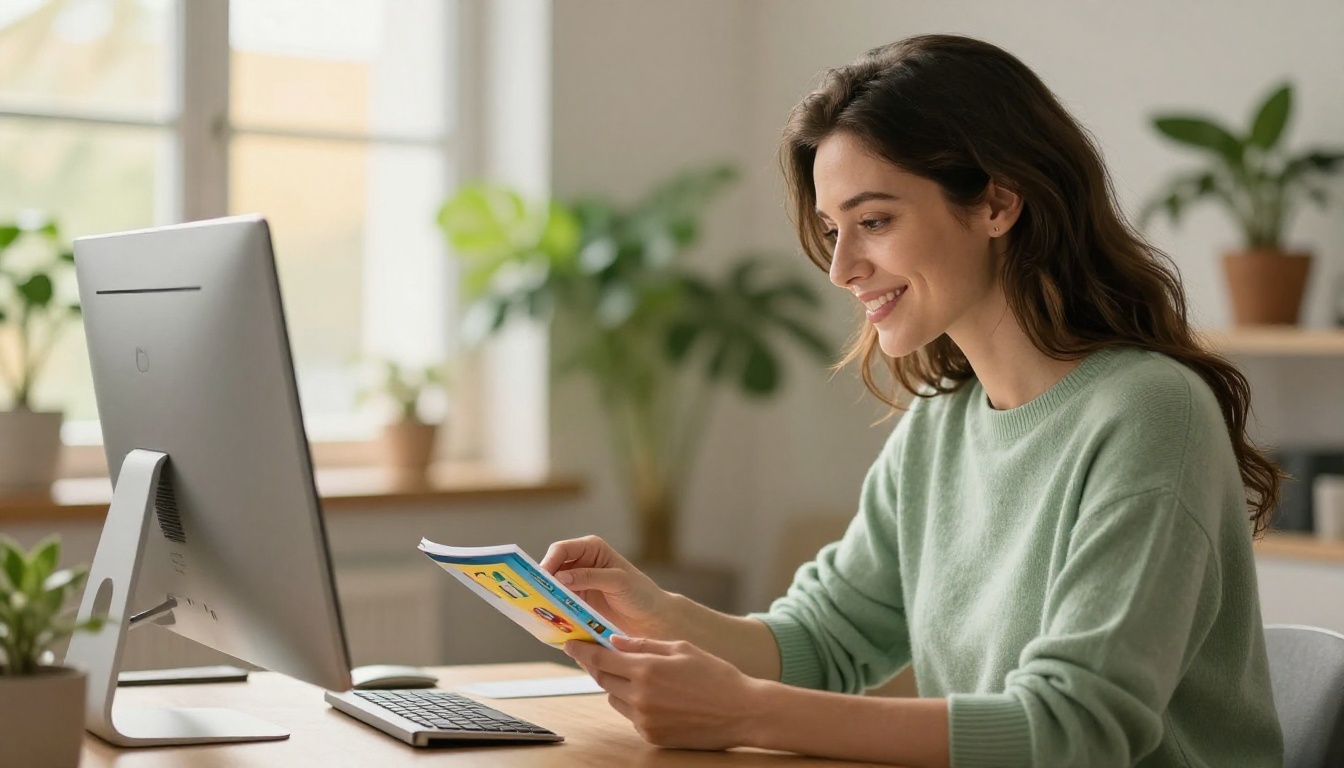 Woman with a relaxed smile reviewing a digital e-book flipbook on a desktop monitor in a creative studio