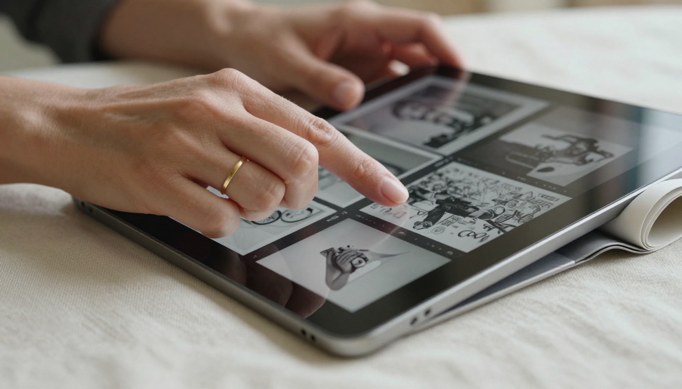 Close-up of hands swiping through black-and-white photography portfolio on tablet with linen surface
