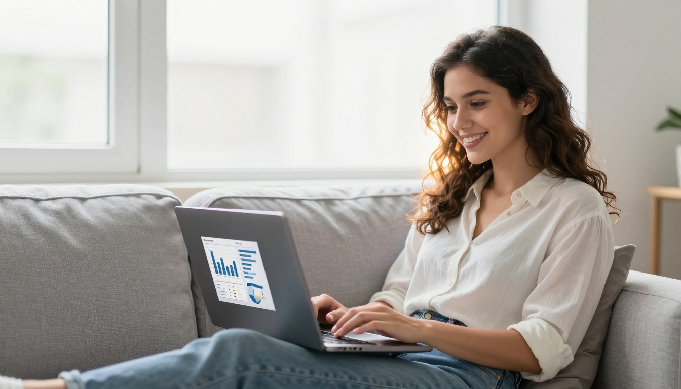 Female entrepreneur reviewing flipbook reader data and performance metrics on her laptop Female entrepreneur reviewing flipbook reader data and performance metrics on her laptop