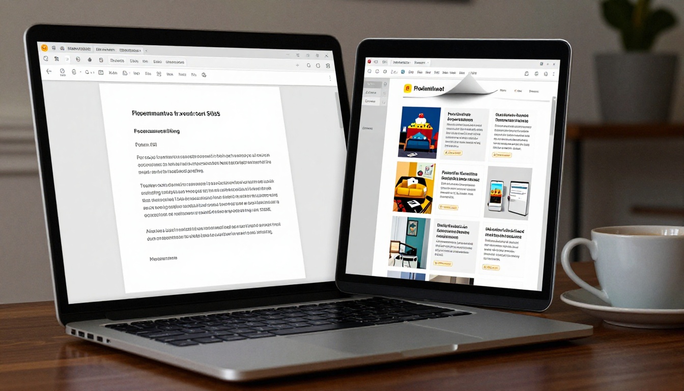 Laptop screen showing a side-by-side comparison of a static PDF versus a vibrant interactive flipbook Laptop screen showing a side-by-side comparison of a static PDF versus a vibrant interactive flipbook