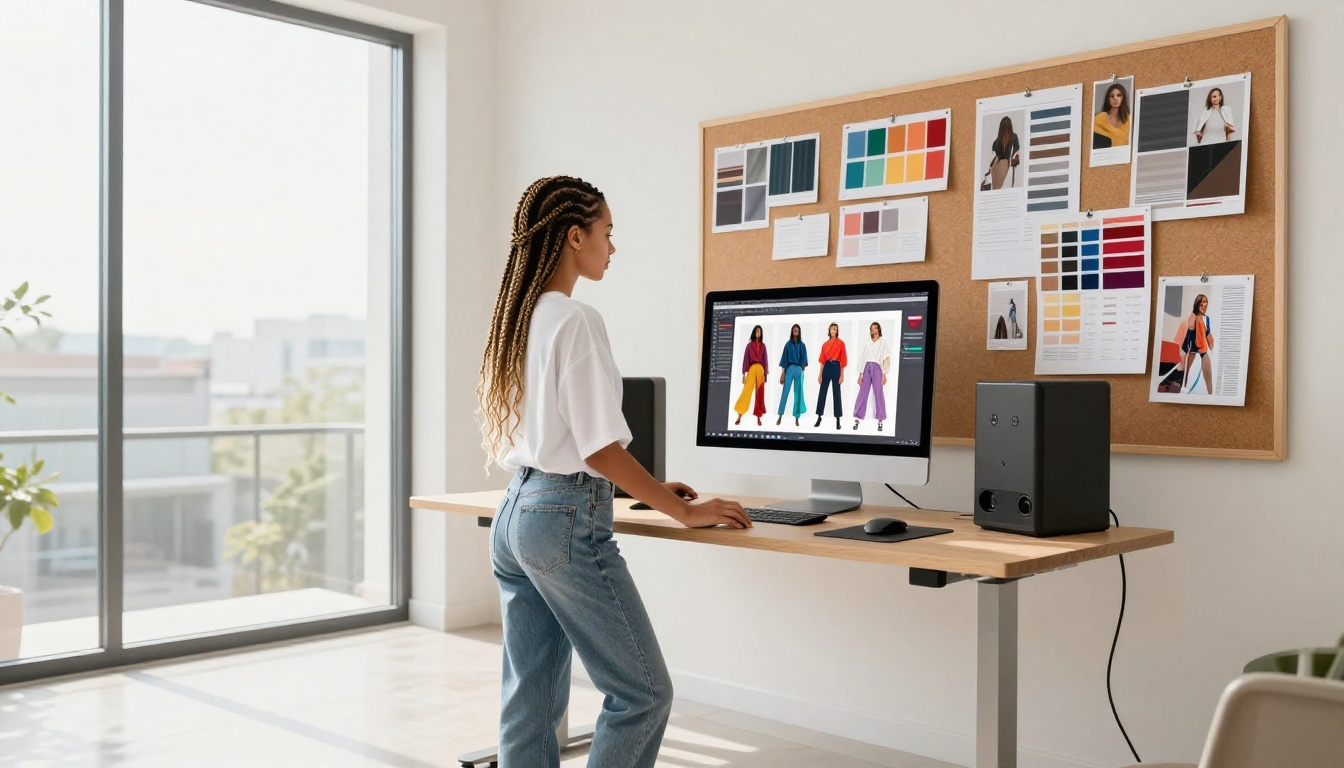Female designer with box braids standing at standing desk with fashion lookbook flipbook on monitor in home studio