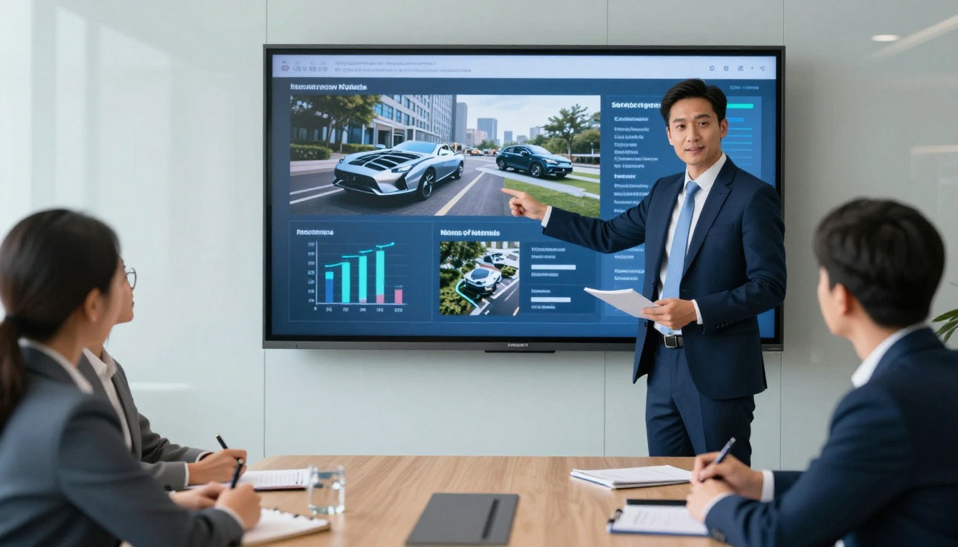 Sales professional presenting a digital flipbook deck to colleagues in a modern conference room Sales professional presenting a digital flipbook deck to colleagues in a modern conference room