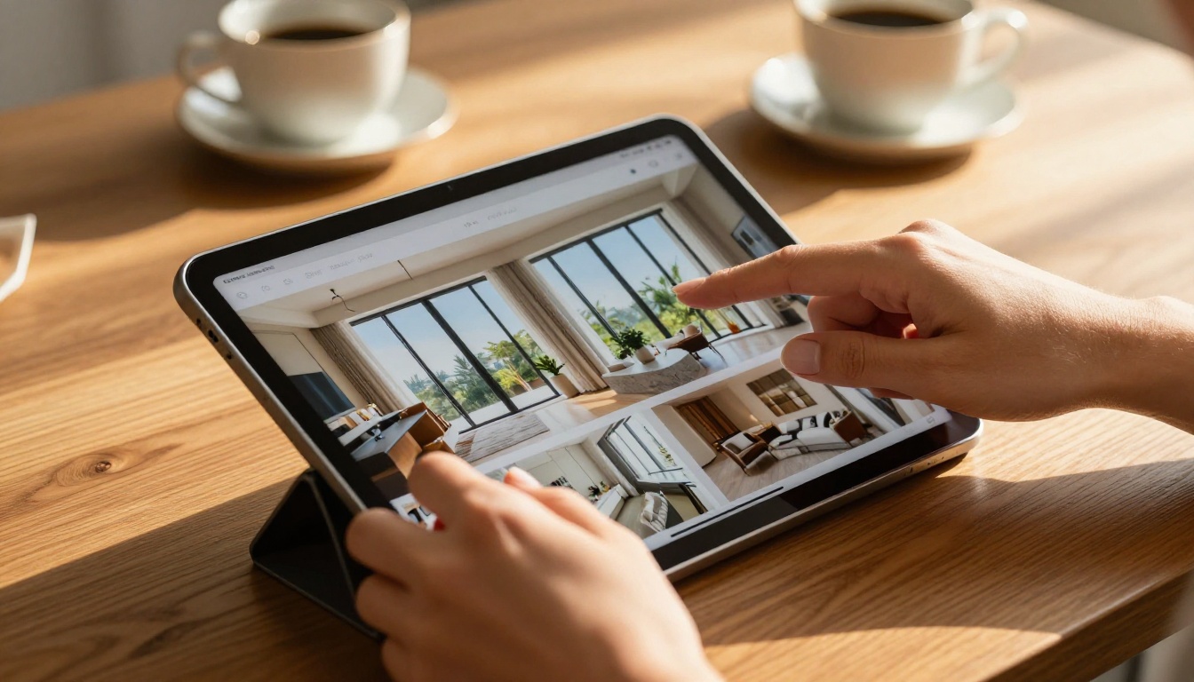 Close-up of real estate agent hands swiping through a vibrant interactive property listing on a tablet screen mid-page-turn