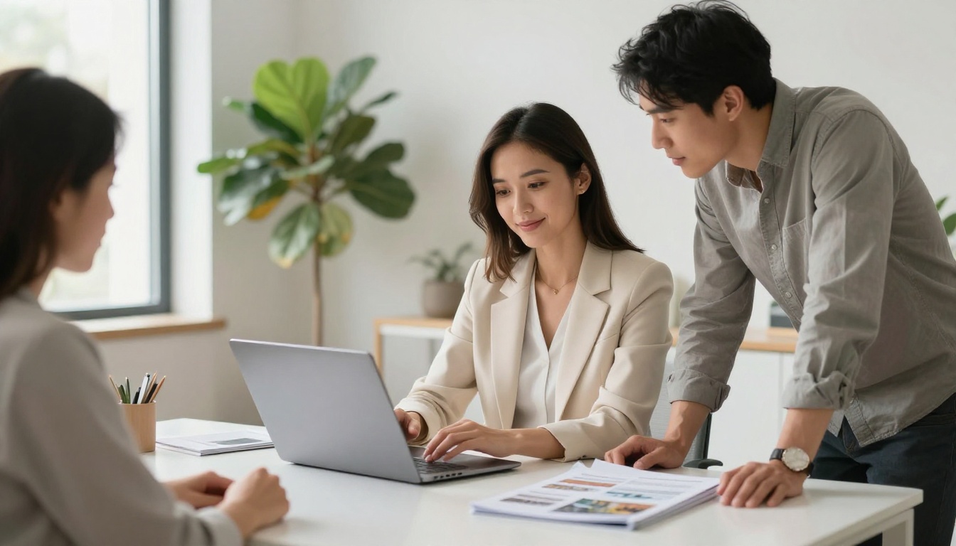 Confident female real estate agent with laptop showing digital property brochure to clients in a modern office