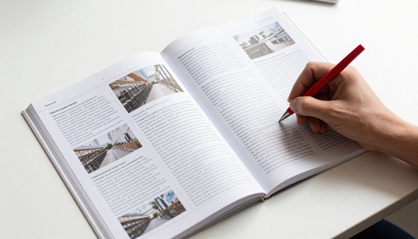 Printed design document being annotated with a red pen on a white desk