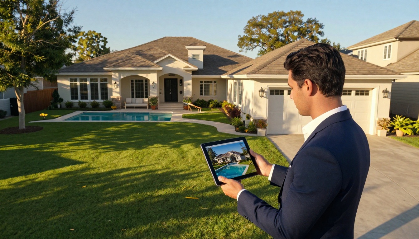 Aerial view of a luxury suburban property with manicured lawn and infinity pool, real estate agent on driveway with tablet