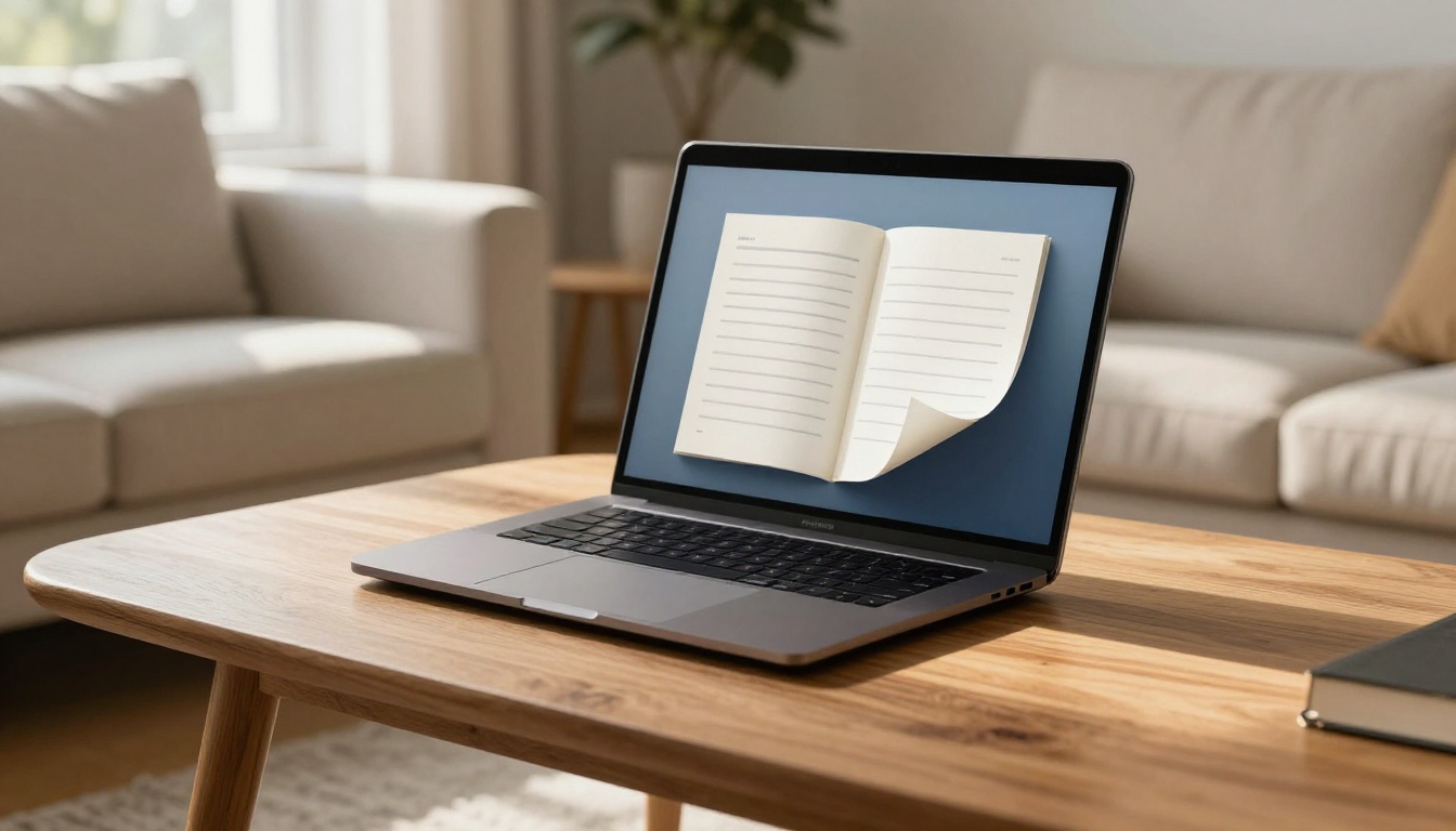 Laptop displaying a digital flipbook with page mid-turn on an oak coffee table