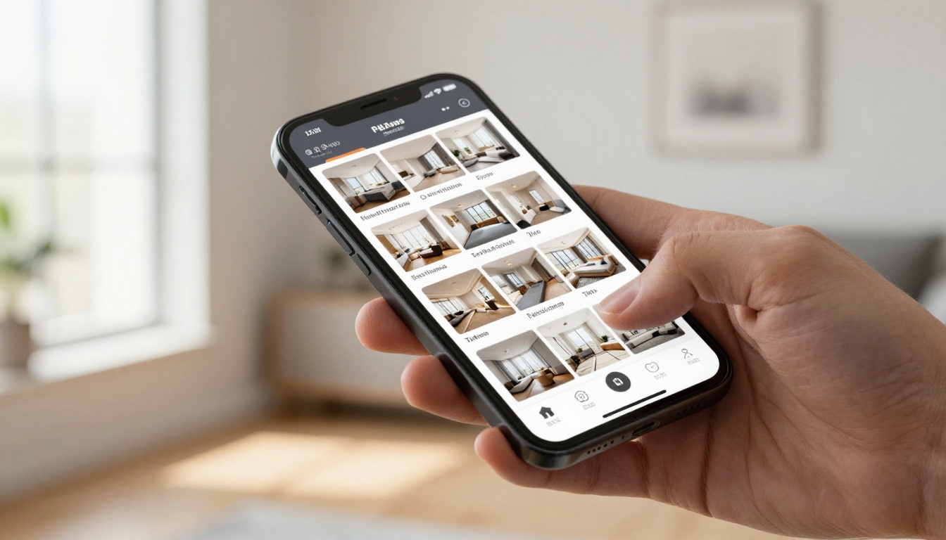 Smartphone held in hand showing beautifully designed real estate listing flipbook with property photos and floor plans