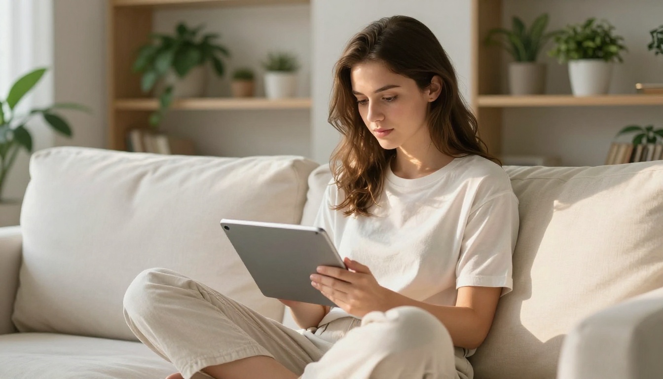 Young woman reading an interactive digital publication on a tablet on a white linen sofa