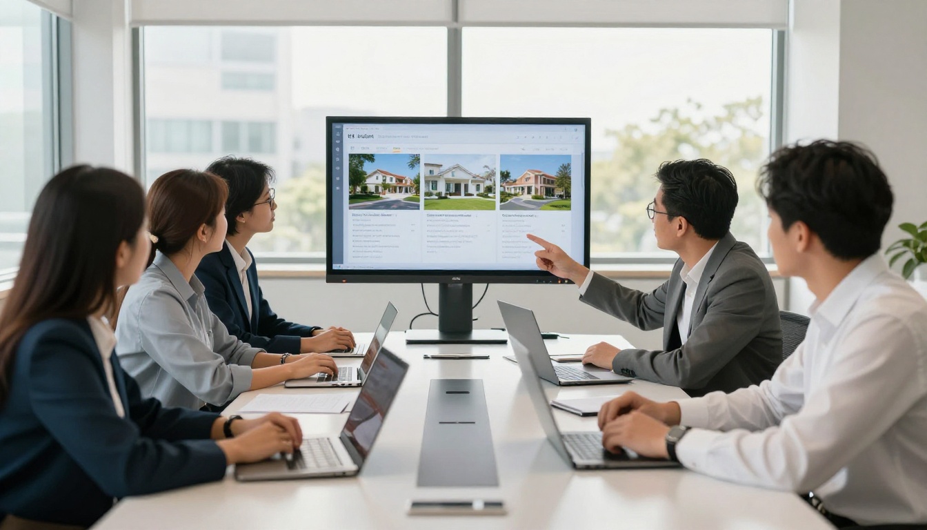 Diverse real estate team reviewing interactive digital property flipbooks on a large conference room monitor with natural window light