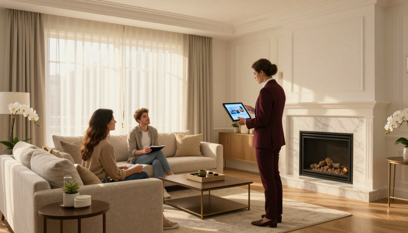 Real estate agent in burgundy blazer showing interactive digital brochure to young couple in a beautifully staged luxury home living room