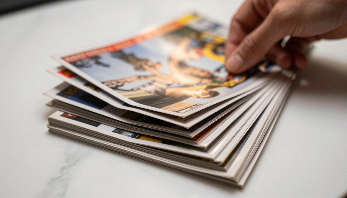 Stack of glossy magazine pages being fanned and riffled by hands on a marble surface