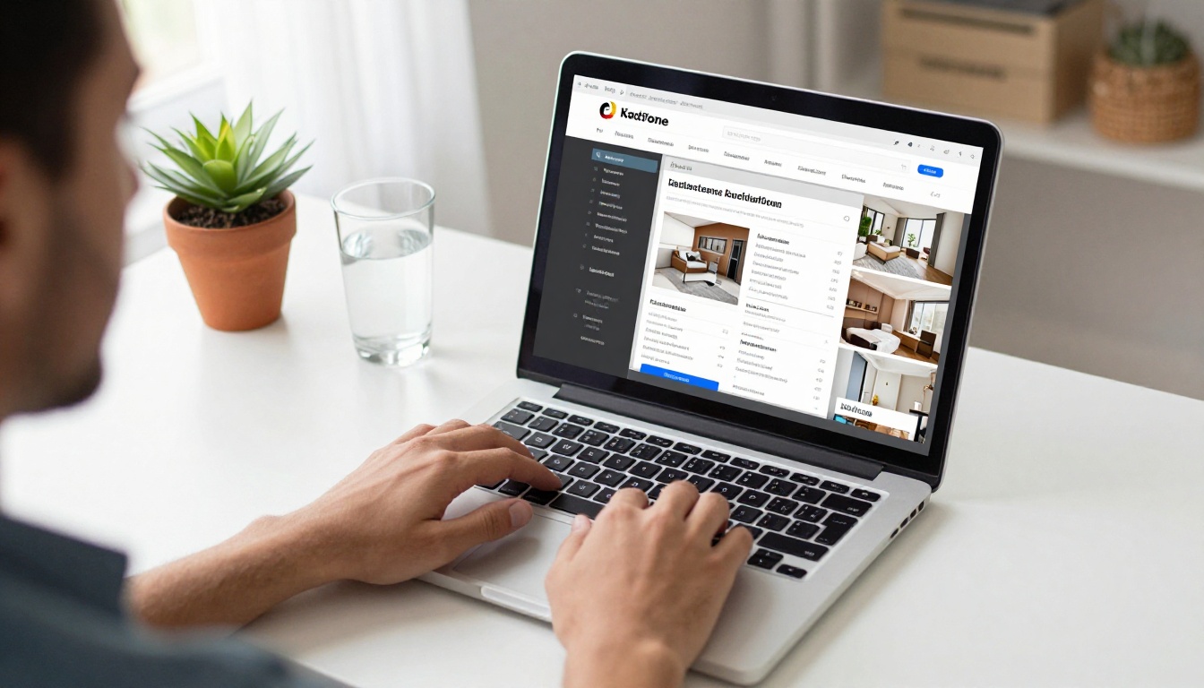 Real estate agent at a home office desk converting a property PDF into a digital flipbook on a laptop with natural morning light